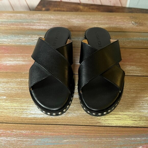 COACH Hailey Black Leather Bead Chain Studded Slide Sandals - US 6 - Picture 2 of 16